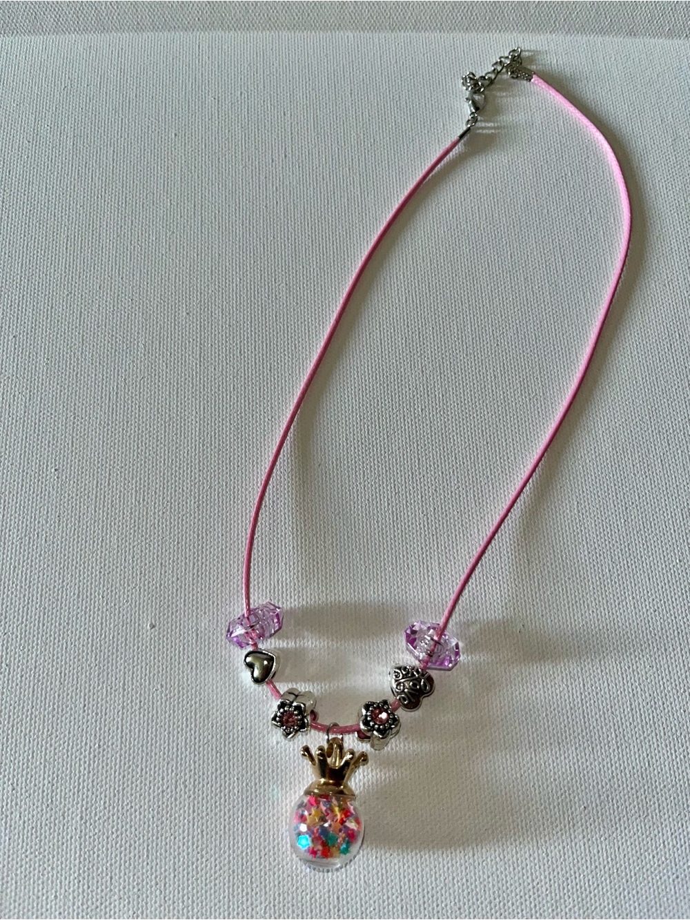 Pink Crown Pendant Beaded Necklace w/Hearts, Flowers Charms w/Rhinestone Accents
